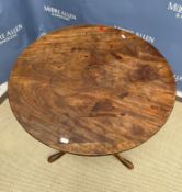 A 19th Century mahogany tea table, the circular snap top on a turned and ringed pedestal to cabriole