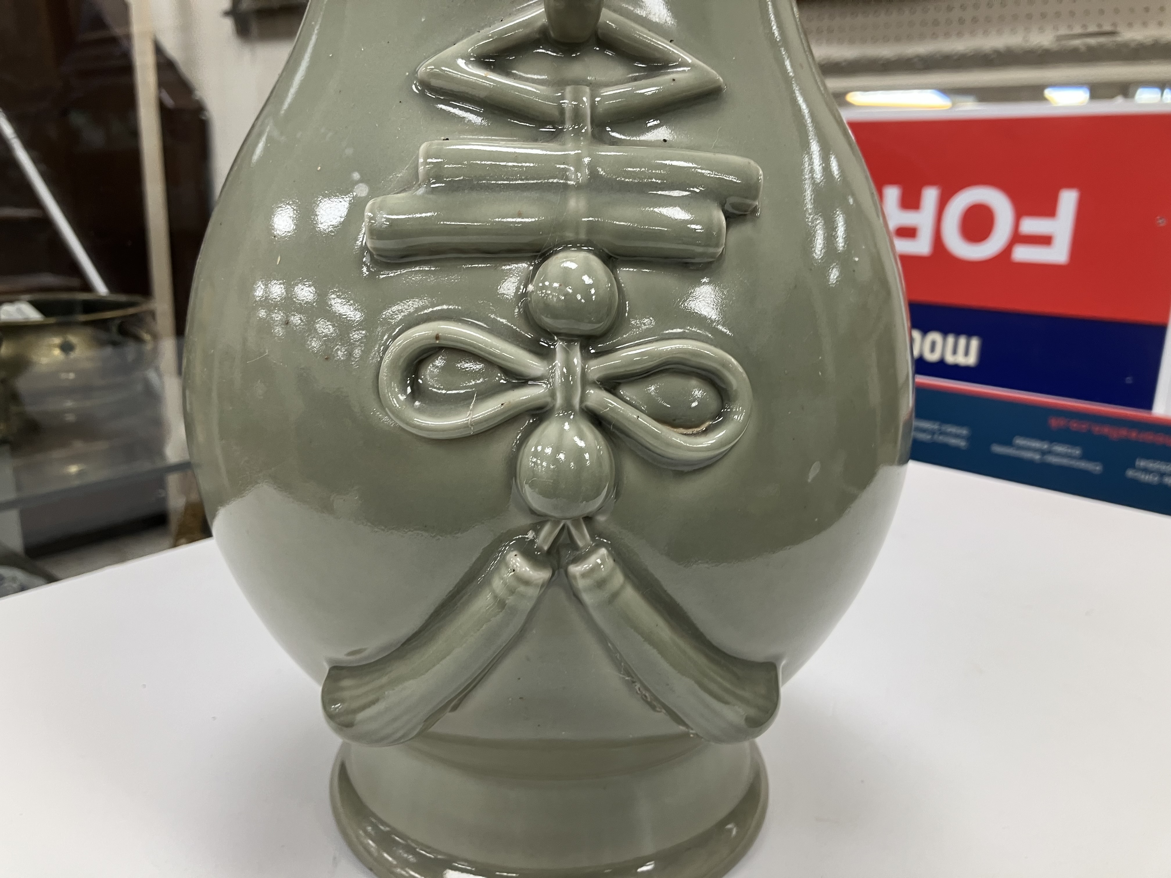 A Chinese celadon glazed vase bearing faux six character Chenghua (1465-87) mark to base, raised - Image 28 of 40