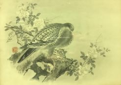 CHINESE SCHOOL ''Dove sat on blossoming branch'' monochrome watercolour bearing red character