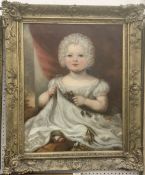 19TH CENTURY ENGLISH SCHOOL ''Young girl in lace bonnet with blue ribbon in floral embroidered dress