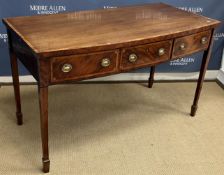 A George III mahogany serving table, the plain top cross-banded and barber pole strung, over three