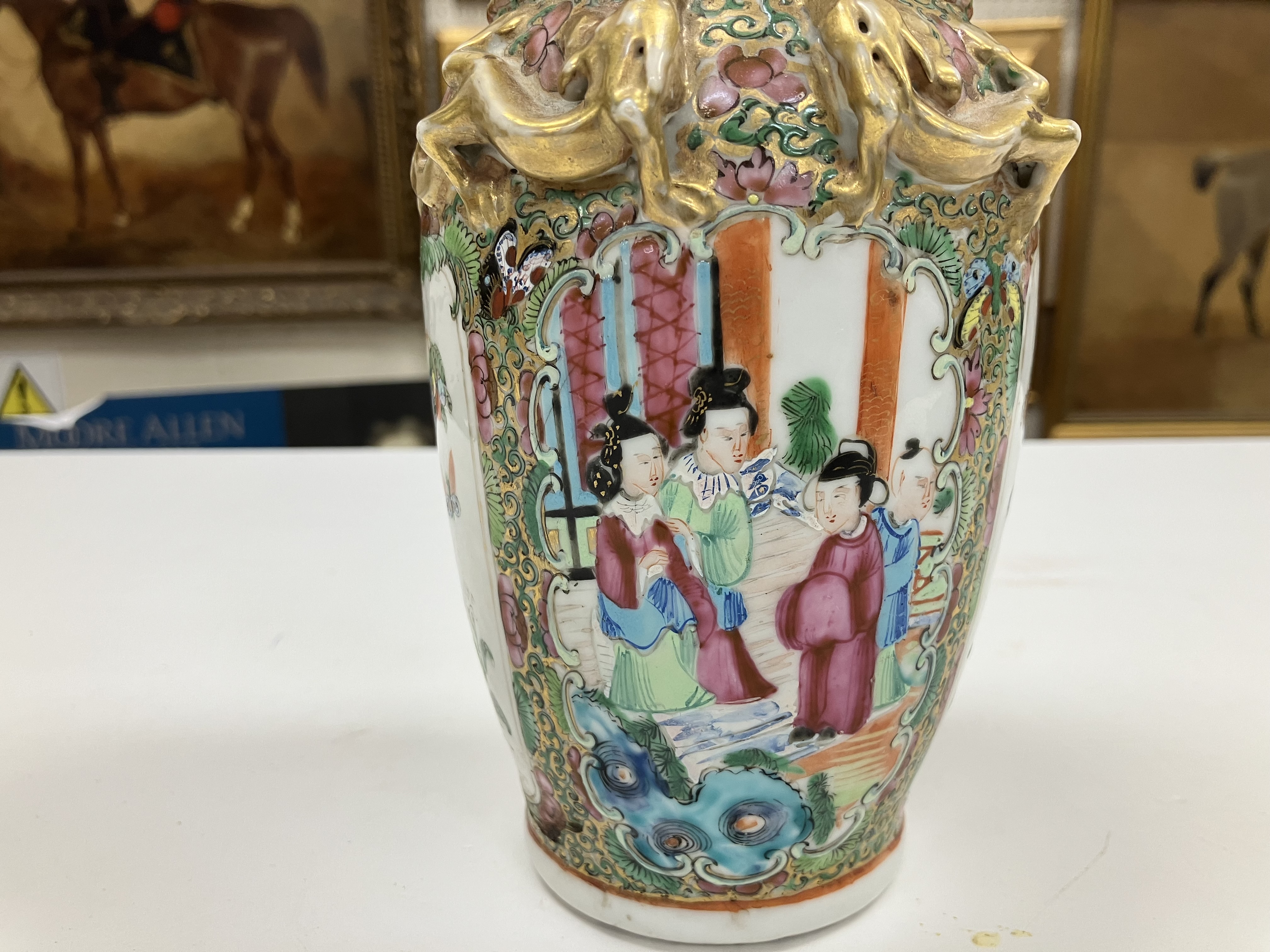 A 19th Century Chinese famille rose and giltwork embellished vase with flared rim and lion and - Image 19 of 30