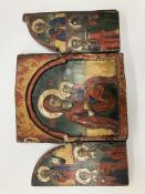 A Russian triptych icon, the domed doors with central cross and indistinct inscription, opening to