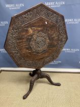 A 19th Century oak and carved octagonal tea table in the Gothic Revival taste on a turned pedestal