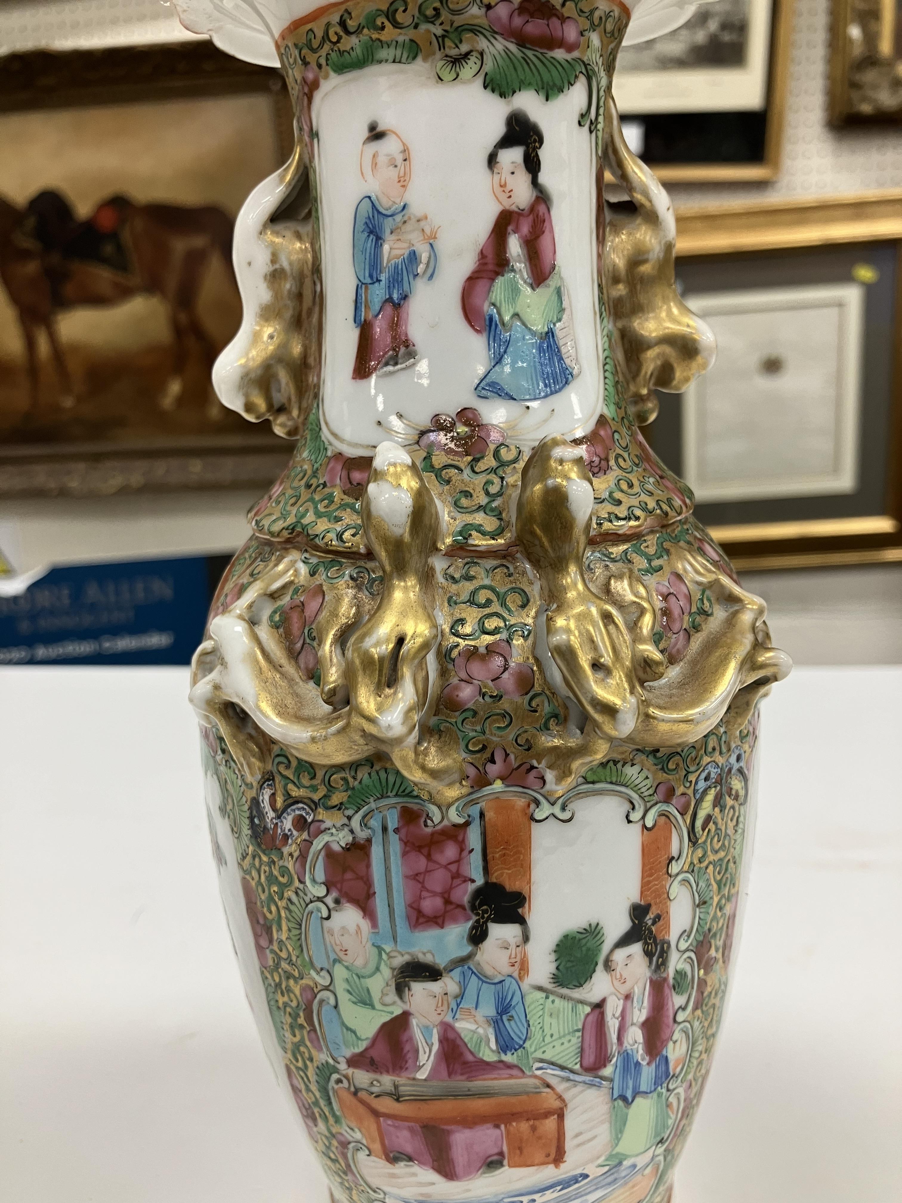 A 19th Century Chinese famille rose and giltwork embellished vase with flared rim and lion and - Image 28 of 30