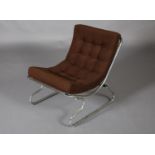 A chrome tubular frame single chair c.1970s with buttoned chocolate brown corduroy cushion, 59cm