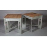 A pair of Mackintosh-style hardwood tables, the aprons and panel supports painted silver grey and