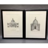 A pair of architectural prints in black and white, A new building in The Duke of Kent's Gardens in
