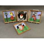 Christine G Cox, a set of four wood collage each depicting a bird character, signed and dated
