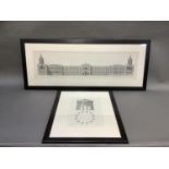 Two architectural prints in black and white, The Elevation of a Design for The Palace of Whitehall