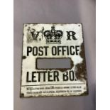 A white and black lettered enamel cast iron Post Office Letter Box sign, worn, 30cm wide x 26cm high
