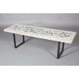 A French mosaic coffee table, c.1960s, on black metal square form supports, 144cm long x 46cm wide x