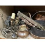 Copper brass and pewter ware including planters, tankards, pair of weighing scales, jam pan etc