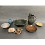 Potfest winner Katherine Winfrey studio pottery domestic ware cockerel salt cellar, yellow with blue