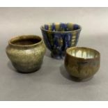 Three items of Studio Pottery including bowl on foot rim heavily glazed in shades of blue and