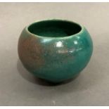 Simon Leach raku-fired stoneware bowl in green craquelure with rose blush, 11cm diameter x 8cm high,