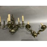 A brass five light ceiling light with matching twin light wall sconce