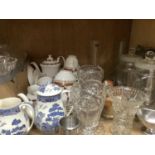 Glass sweet jars, vases, stainless steel trays, sauceboat, red and gilt decorated tea service etc