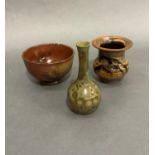Three items of Studio Pottery including a bowl of iron red and brown glaze on foot 11cm diameter