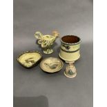 Potfest winner Katherine Winfrey studio pottery domestic ware cockerel salt cellar, yellow with blue