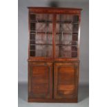 A 19th century mahogany and rosewood bookcase cupboard, moulded cornice, above two tracery glazed