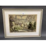 A colour print after Angus Rands, village high street with figure