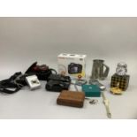 A Kodak Easy Share digital camera, a Canon digital camera and a Casio, pewter tankard, alarm