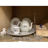 Shelley teapot, hot water jug, two cups and saucers, two plates, two pot stands together with a