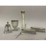 Two silver topped glass pin jars, George V, Birmingham 1909 and 1913, a silver rimmed glass vase,