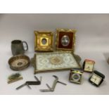 EPNS coaster, two vintage paperknives, three travel clocks, dressing table tray, two miniature still