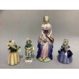 A Goebel pottery figure of a violinist wearing a tiered gown, holding a violin and bouquet,