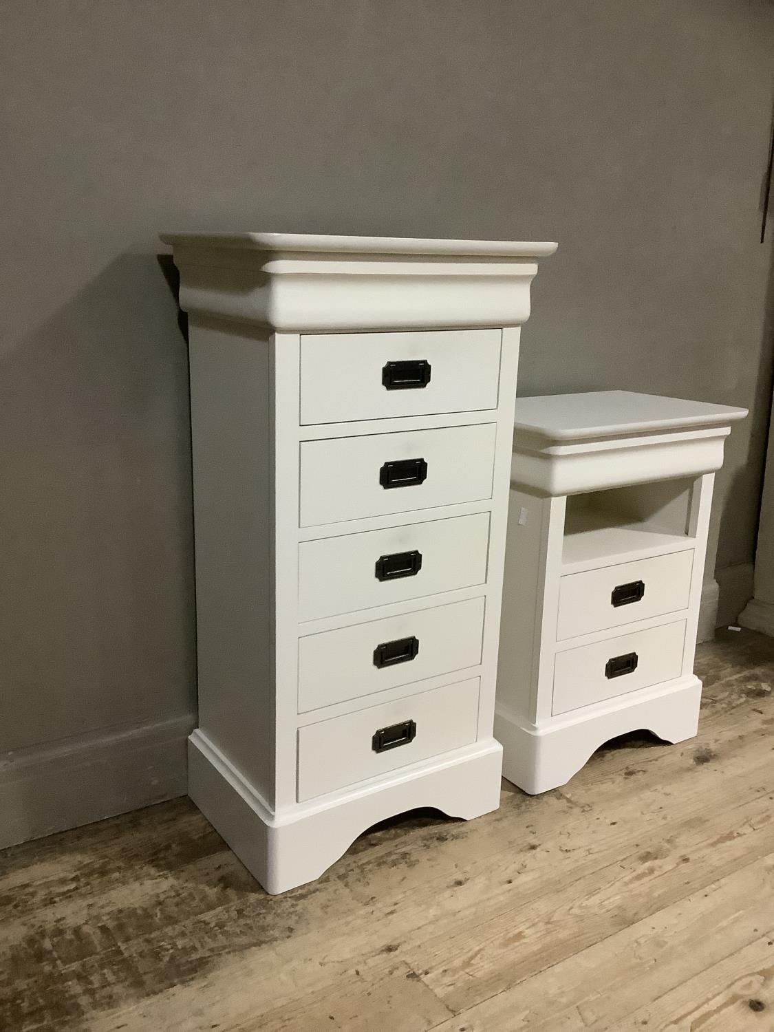 A cream finished chest of five drawers with recessed handles on shaped bracket feet together with - Image 2 of 2