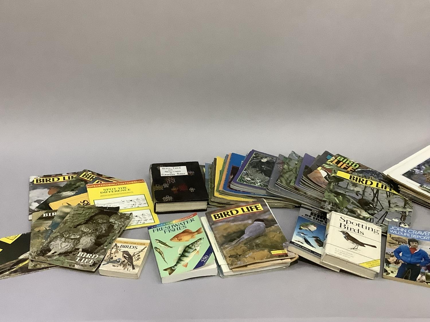 Box of various titles on birds and fish