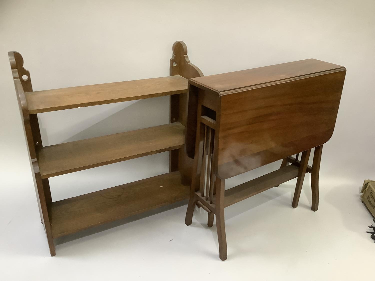 An Edwardian mahogany Sutherland table with railed refectory supports, 60cm wide, together with a - Image 3 of 3