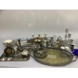 A quantity of EPNS and stainless steel including gallery trays, divided trays, candle stands,
