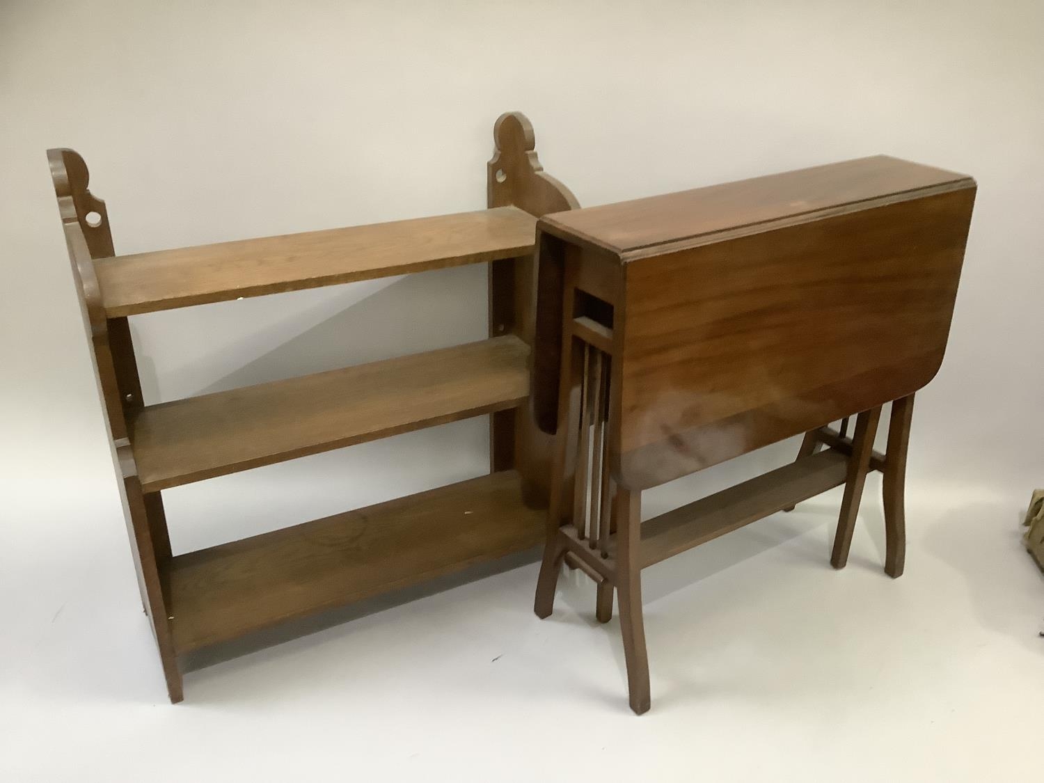 An Edwardian mahogany Sutherland table with railed refectory supports, 60cm wide, together with a - Image 2 of 3