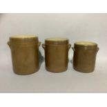A set of three salt glaze storage jars, cylindrical with disc lids, two handles and in graduated