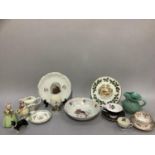 Various specimen cups and saucers, Victorian commemorative plate and a George V and Queen Mary