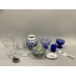 Blue and clear glass pedestal dishes, ice bucket, water jug, stoneware bowl, silver plated swan