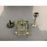 A silver lidded glass ink well of rectangular form with pen rest, 6cm by 7.5cm together with a