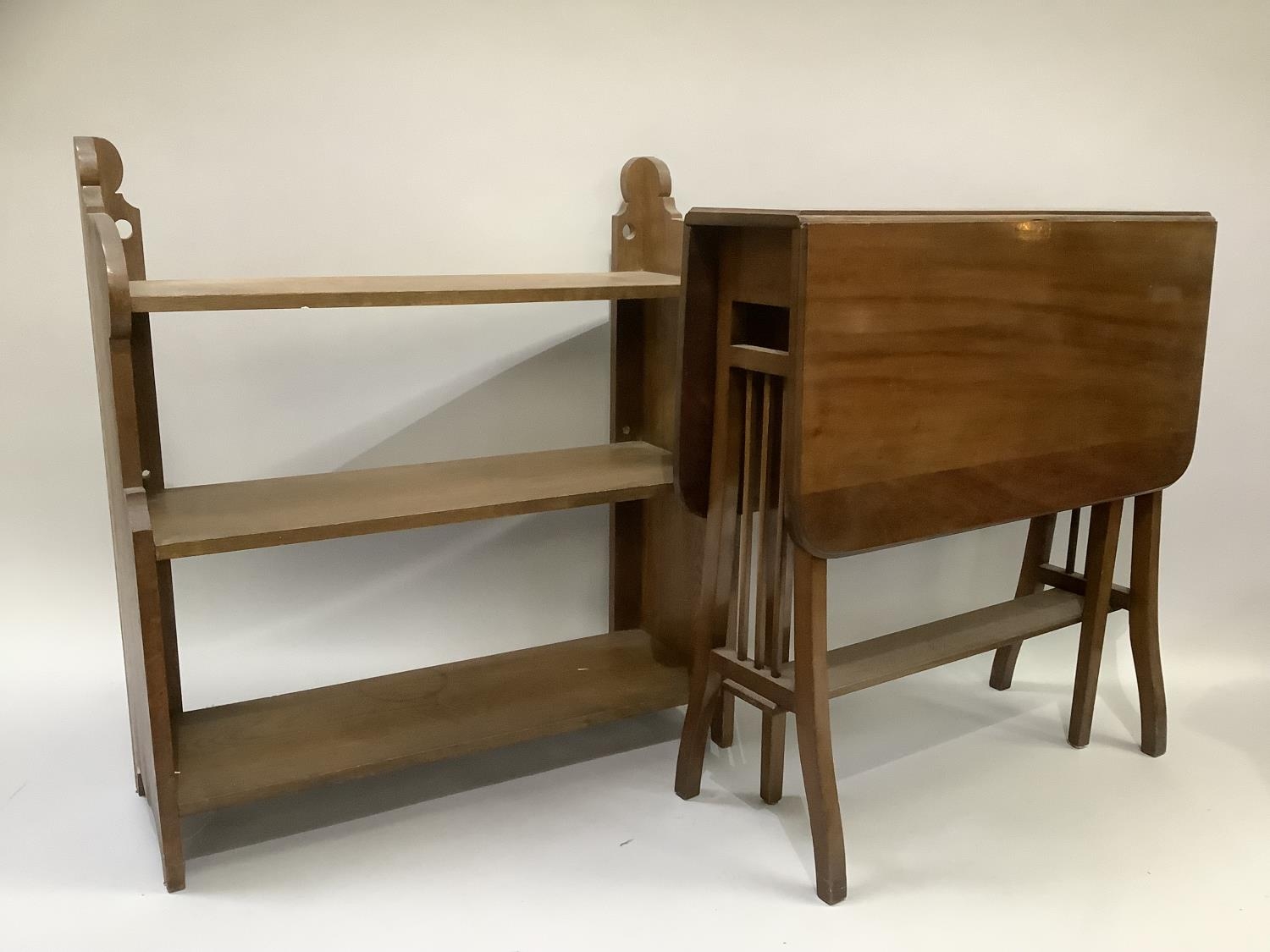 An Edwardian mahogany Sutherland table with railed refectory supports, 60cm wide, together with a