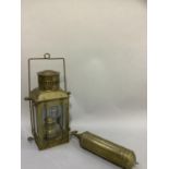 A brass and glass cased lantern and a vintage Pyrene fire extinguisher