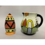 A Lorna Bailey Clarice Cliff style jug and ovoid caster
