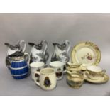 A set of three Victorian pottery jugs, Royal commemorative ware, vases etc
