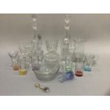 A set of six harlequin colour shot glasses, Victorian moulded glass rummer, a glass measure, cut