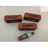 Three vintage Lodge spark plugs in original red tin cases labelled Lodge C14, 14mm, 5Shillings