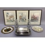 A set of four hunting prints, a silver plated entrée dish and cover, two glass carafes and glasses