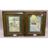 A pair of Indian watercolours depicting an eminent person and attendants in garden landscapes , 23cm