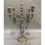 A quality silver plated five light candelabra having a central baluster and foliate embossed