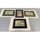 A set of four Indian watercolours on fabric, depicting figures in terraced gardens in a